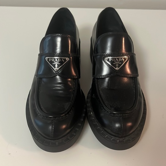 Prada Shoes - PRADA Spazzolato Logo Platform Leather Loafers size 38